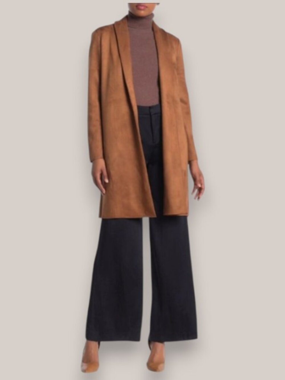T Tahari faux suede open front long coat camel brown women's size M